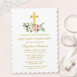Aquarell-Rosa-Weiße-Floral-Goldkreuz-Kommunion Einladung