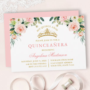 Aquarell Rosa Weiße Florale Goldene Quinceanera Einladung