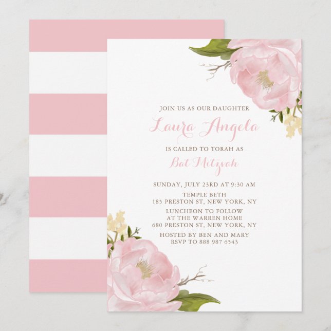 Aquarell Rosa Ziegel Bat Mitzvah Einladung (Vorne/Hinten)