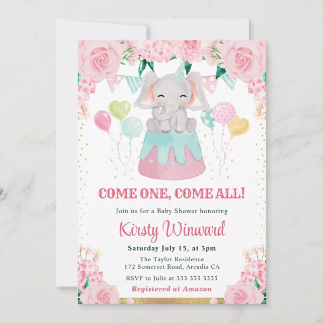 Aquarell Rosa Zirkus Elephant Baby Dusche Einladung (Vorderseite)