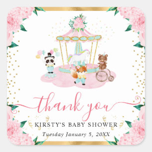 Aquarell Rosa Zirkustiere Florale Babyparty Quadratischer Aufkleber