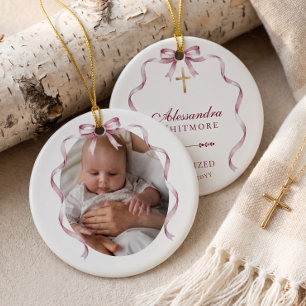 Aquarell-Rosafarbene Schleife Kreuz-Taufe-Foto-And Keramik Ornament