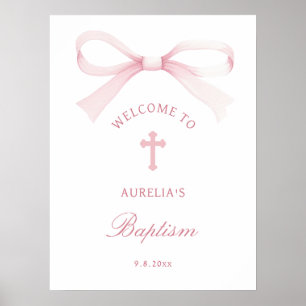 Aquarell-Rosafarbene Schleife Taufe Willkommen Poster