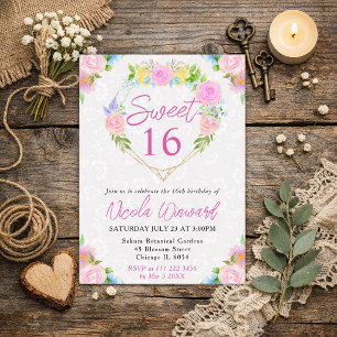 Aquarell-Rosafarbene und gelbe Girlande Sweet 16 Einladung