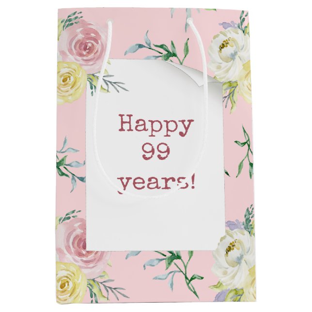 Aquarell Rose 99. Geburtstag Mittlere Geschenktasc Mittlere Geschenktüte (Vorderseite)