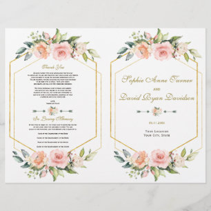 Aquarell-Rosé-Blumen-Goldrahmen-Hochzeitsprogramm Flyer