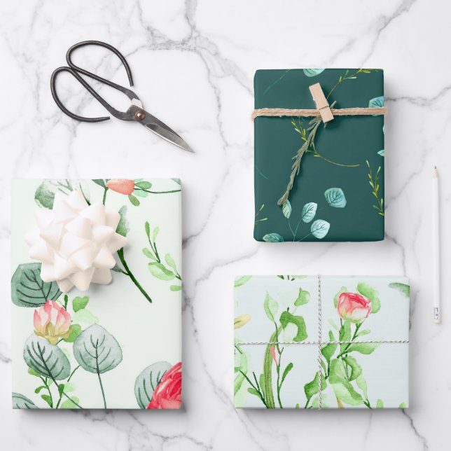 Aquarell-Rose, Eukalyptus und Foliage Assorted Geschenkpapier Set (Vorderseite)