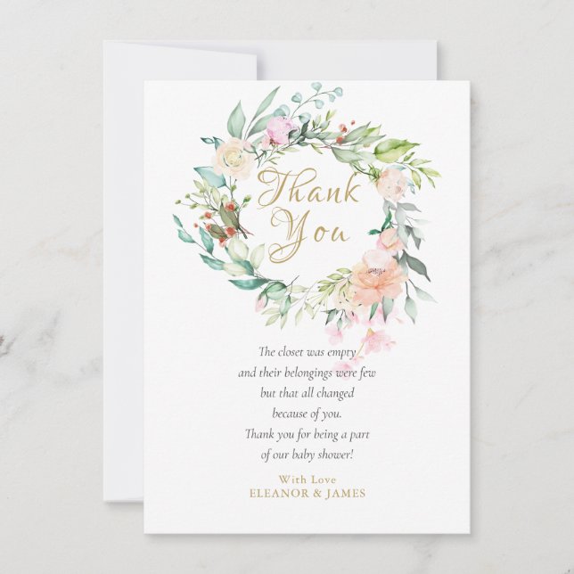 Aquarell Rose Floral Baby Dusche Danke, Gedicht Dankeskarte (Vorderseite)