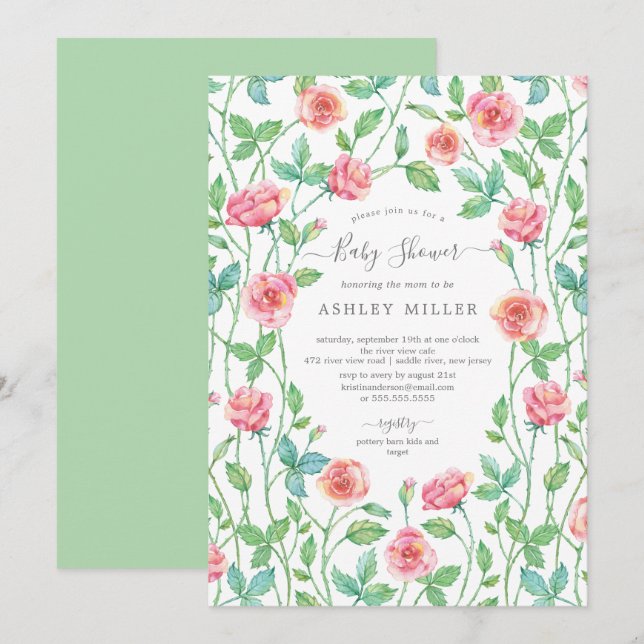 Aquarell Rose Garten Blumenstrauß Kinderdusche Einladung (Vorne/Hinten)