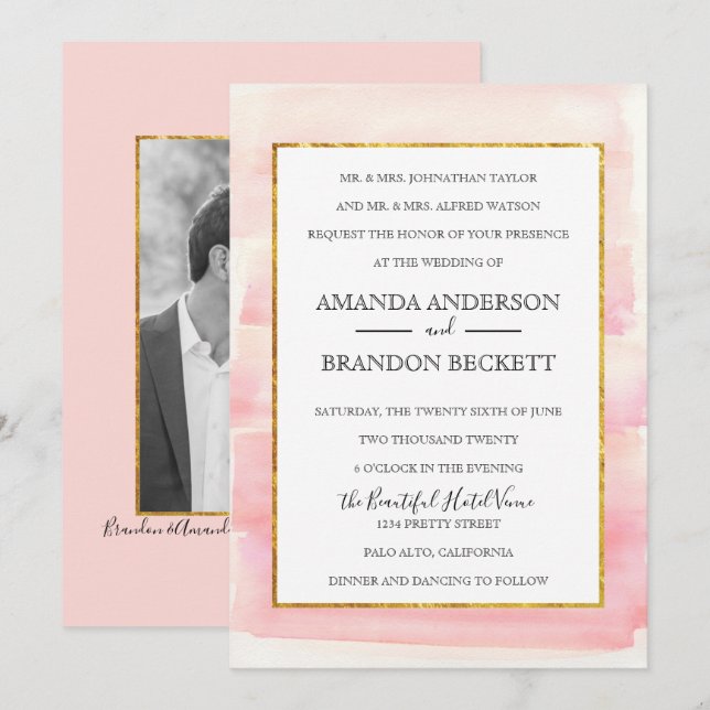 Aquarell Rose Gold Foto Hochzeit Einladung (Vorne/Hinten)