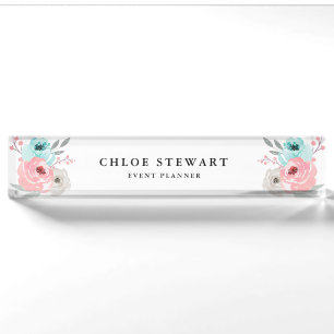Aquarell Rose mit Blumenmotiven und Türkis Namensplakette