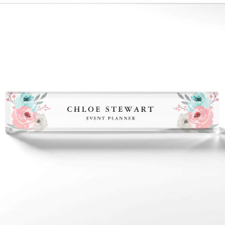 Aquarell Rose mit Blumenmotiven und Türkis Namensplakette