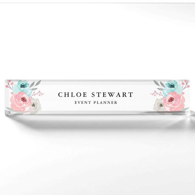 Aquarell Rose mit Blumenmotiven und Türkis Namensplakette (Vorderseite)