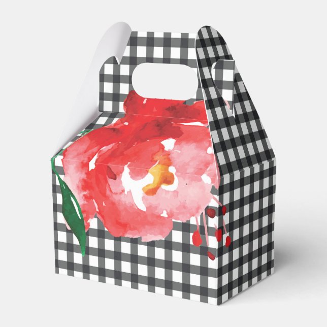 Aquarell Rose Schwarz-weiß Gingham Karo Gable Geschenkschachtel (Vorderseite)