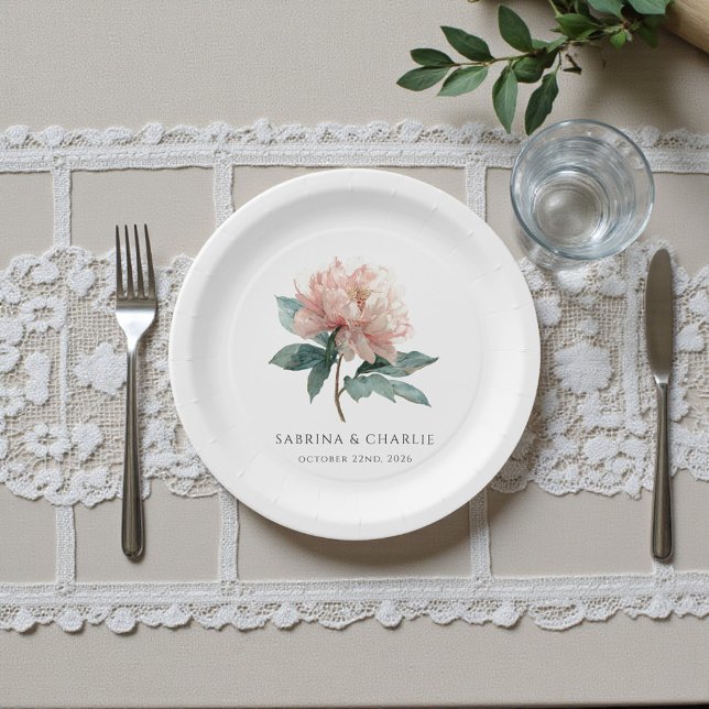 Aquarell-Rosé-Ton Pfingstrose Elegant Weiblich Pappteller (Watercolor Blush Pink Peony Elegant Feminine Paper Plates)