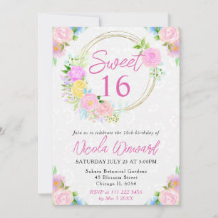 Aquarell-Rosé und Gelber Kranz Sweet 16 Einladung