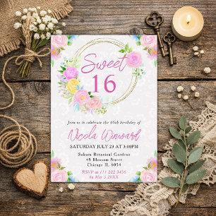 Aquarell-Rosé und Gelber Kranz Sweet 16 Einladung