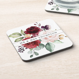 Aquarell-Rosé und Weinrote Florale Neuvermählte Getränkeuntersetzer