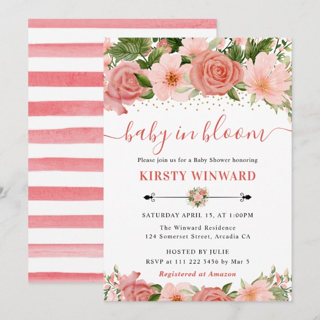 Aquarell Rosen Blume Kinderdusche Einladung (Vorne/Hinten)