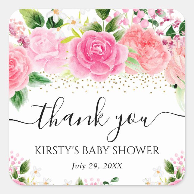 Aquarell Rosen Blume Kinderdusche Quadratischer Aufkleber (Vorderseite)