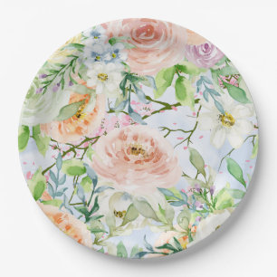 Aquarell-Rosen Florale Gartenparty-Hochzeit Pappteller