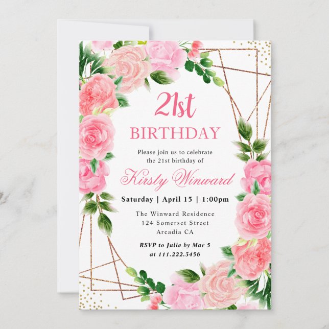 Aquarell Rosen Gold Rahmen 21. Geburtstag Einladung (Vorderseite)