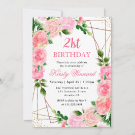 Aquarell Rosen Gold Rahmen 21. Geburtstag Einladung