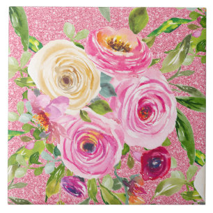 Aquarell-Rosen in Rosa und Creme auf rosa Glitter Fliese