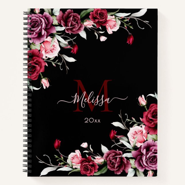 Aquarell-Rosen-Monogramm Schwarz Notizbuch (Vorderseite)