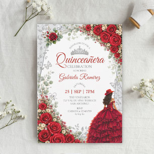 Aquarell-Rosen Rot und Silber Rote Quinceañera Einladung