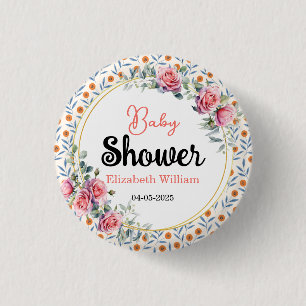 Aquarell-Rosen und Eukalyptus-Baby-Shower Button
