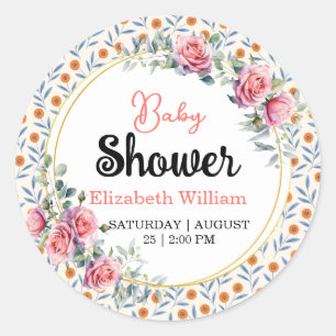 Aquarell-Rosen und Eukalyptus-Baby-Shower Runder Aufkleber