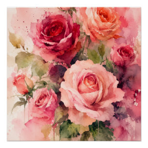Aquarell-Rosenstrauß-Wandkunst-Druck Poster