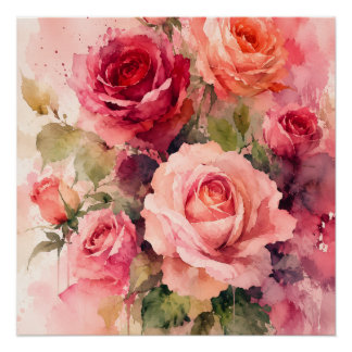Aquarell-Rosenstrauß-Wandkunst-Druck Poster