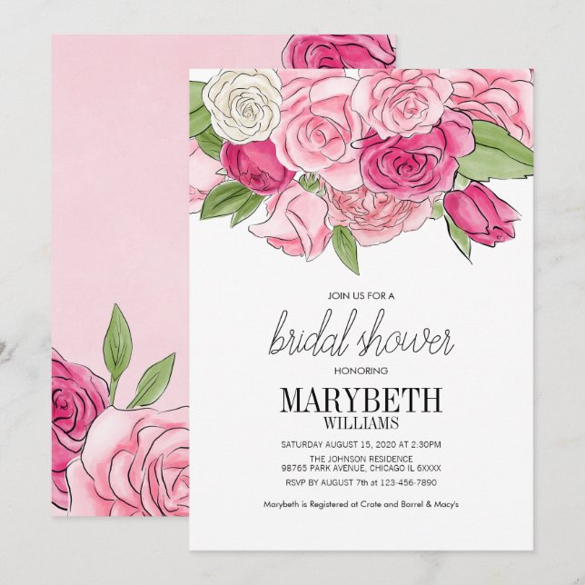 Aquarell Roses Bridal Dusche Einladung (Vorne/Hinten)