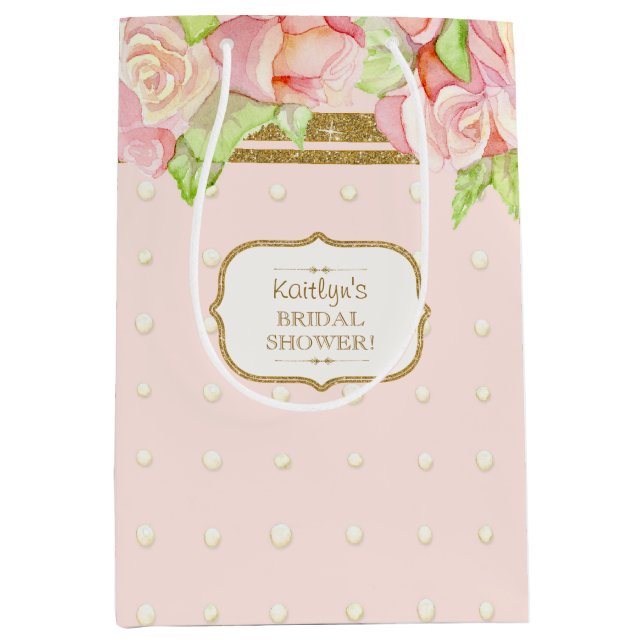 Aquarell Roses Pearls Bouquet Brautparty Mittlere Geschenktüte (Vorderseite)