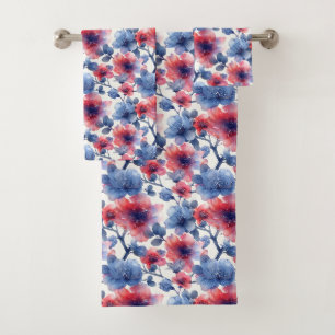 Aquarell rot, blaue Blumen auf weiß Badhandtuch Set