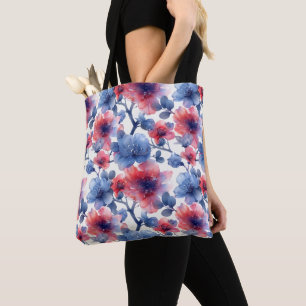 Aquarell rot, blaue Blumen auf weiß Tasche