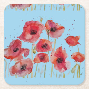 Aquarell Rot Flandern Mohn Floral Quadratisches Pa Rechteckiger Pappuntersetzer