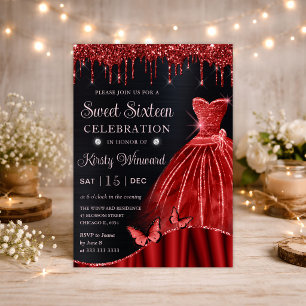 Aquarell Rot Glitter Kleid Sweet Sixteen Einladung