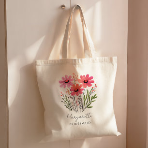 Aquarell Rot & Rosa Wildblumen Brautjungfer Name Tragetasche