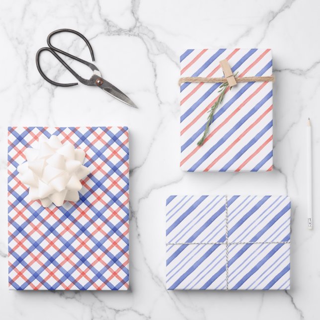 Aquarell Rot und Blau Kariert Geschenkpapier Set (Vorderseite)