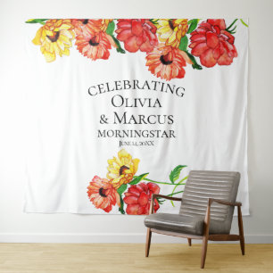 Aquarell Rot und Gelb Floral Foto Hintergrund Wandteppich