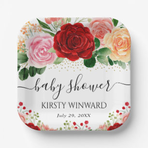 Aquarell-Rot- und Gelbe-Rosen-Baby-Party Pappteller