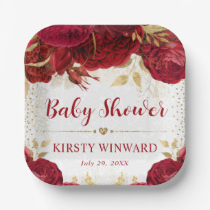 Aquarell-Rot- und Gold-Blumen-Baby-Party Pappteller