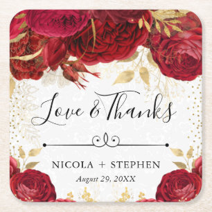 Aquarell-Rot- und Gold-Blumen-Hochzeit Rechteckiger Pappuntersetzer