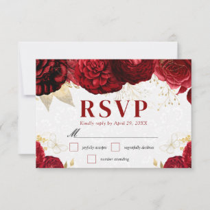 Aquarell-Rot- und Gold-Blumen-Hochzeit RSVP Karte