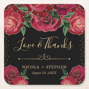 Aquarell Rot und Gold Glam Rosen Hochzeit Rechteckiger Pappuntersetzer