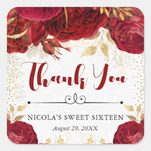 Aquarell-Rot- und Goldblumen Sweet 16 Quadratischer Aufkleber