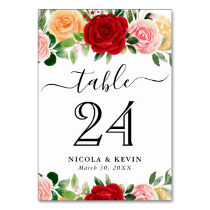 Aquarell-Rot- und Orange-Rosen-Hochzeit Tischnummer